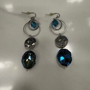 Dangle Drop Earrings Silver Tone Circle Blue Faceted Statement